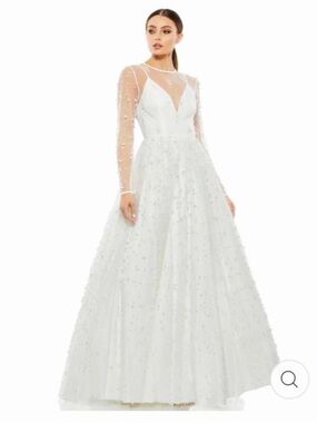 Mac Duggal White Pearl Illusion High Neck Gown Vintage Style Bridal + Petticoat
